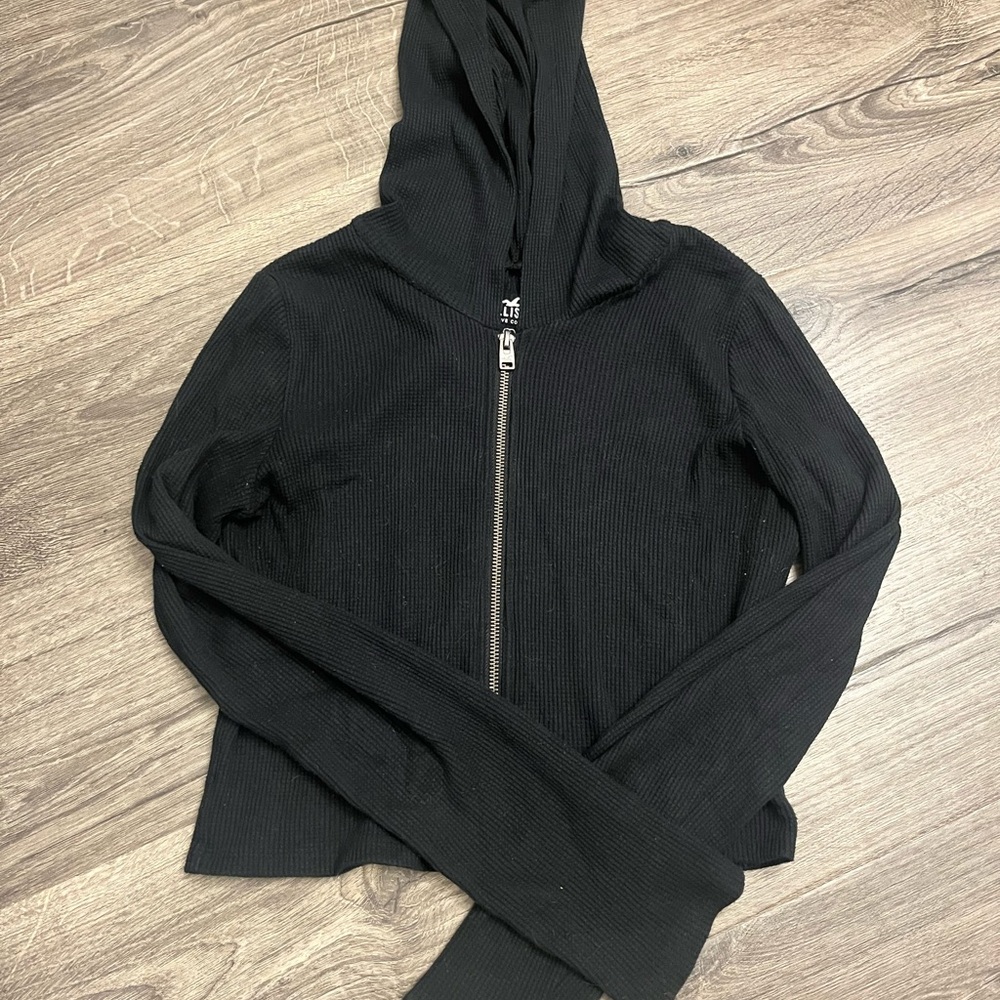 Hollister Black Waffle Cropped Zip-Up Hoodie